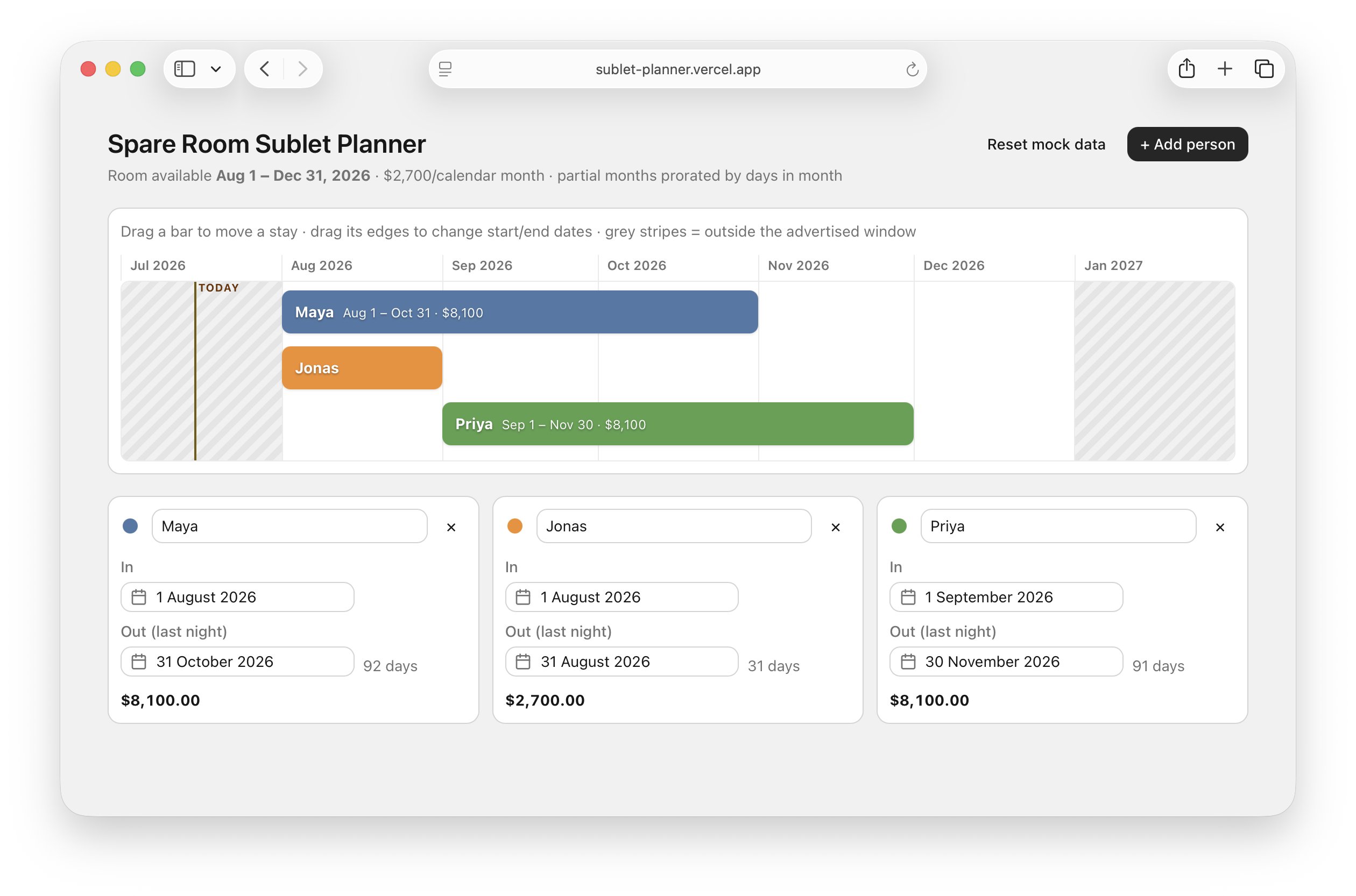 Spare Room Sublet Planner — a timeline app for planning stays and calculating rent